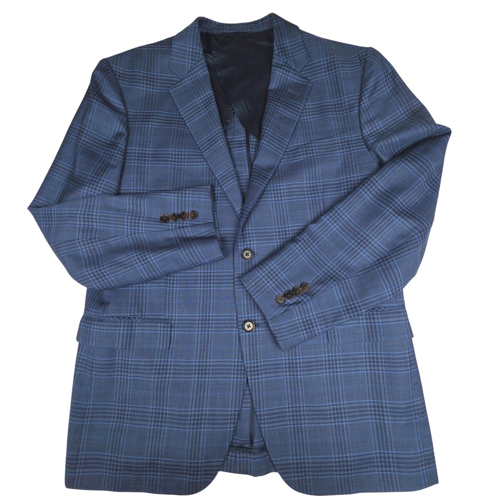 Ermenegildo Zegna Shang Sport Coat Blazer Mens 46R Blue Plaid Wool Silk Barneys